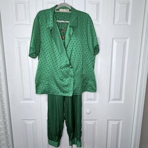 VTG Victoria's Secret LARGE Green Satin 2 Piece Pajama‎ Set Gold Label Elastic